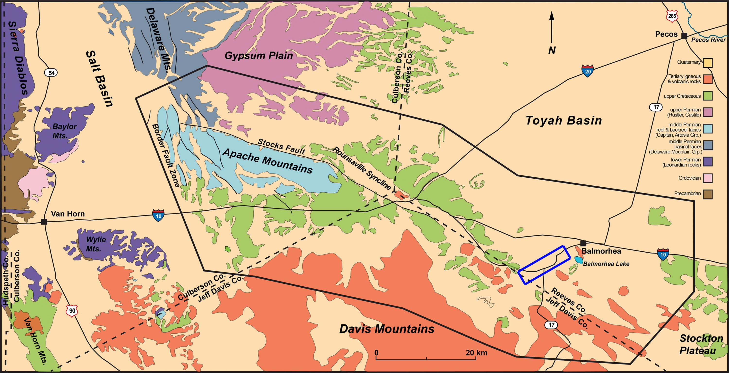 Geologic map of the Pecos-Van Horn region ofWest Texas showing the proposed study area with marks identifying where the San Solomon Springs Group was.